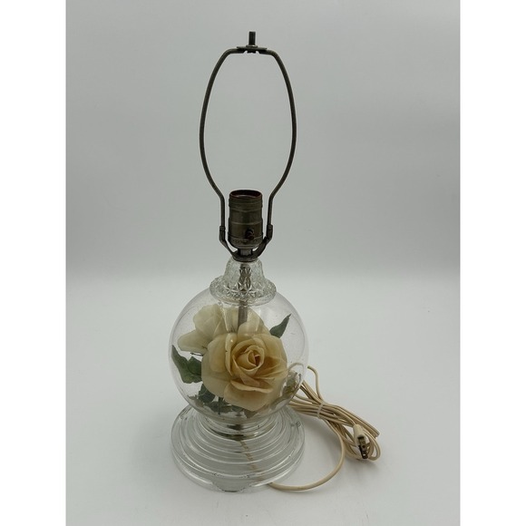Vintage Glass Globe Terrarium Table Lamp Ivory Satin‎ Roses Glass Footed  Works - Picture 1 of 10